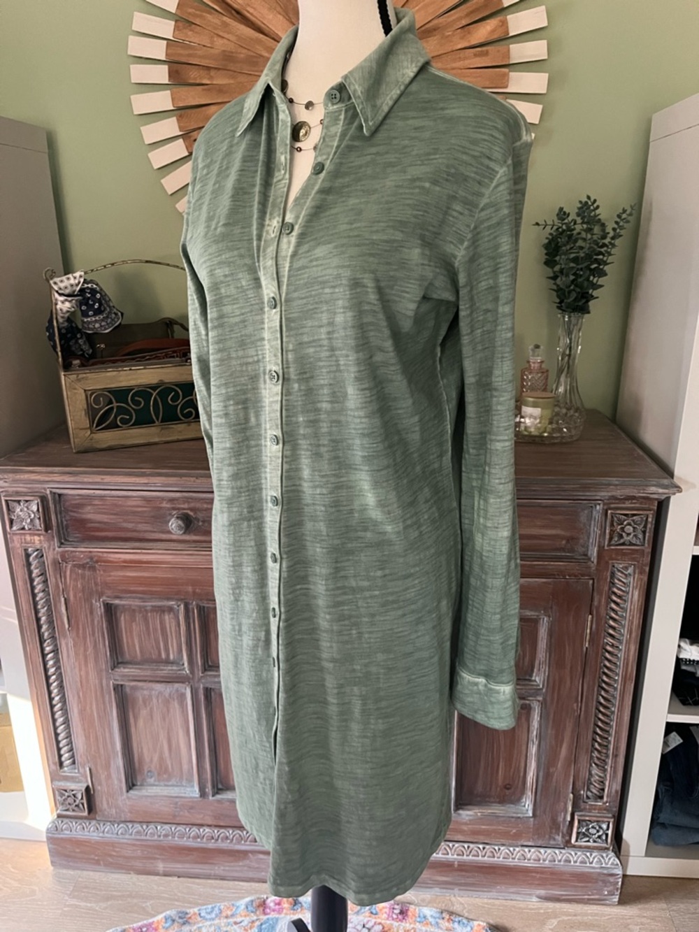 Peruvian Connection Lagos sage green button up shirt dress Size Medium